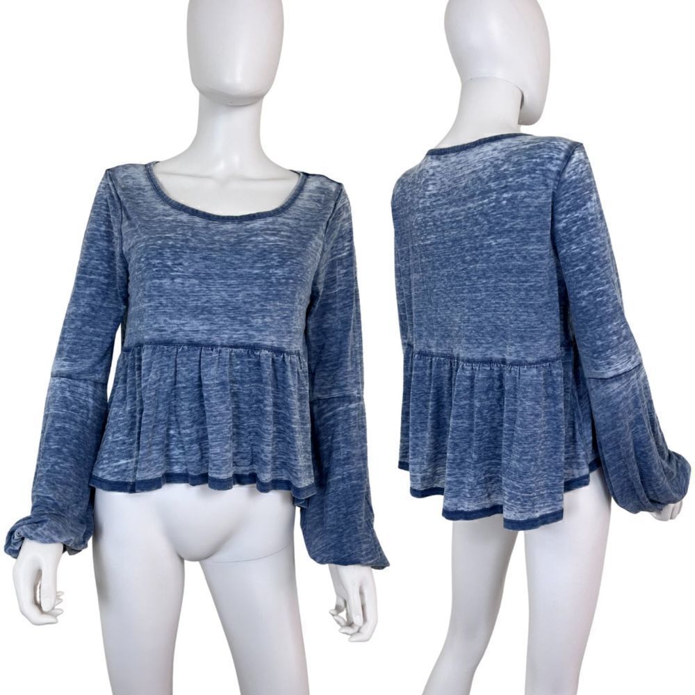 Jack BB Dakota Women Size S Blue Burnout Peplum Long Sleeve Cotton Cropped Top
